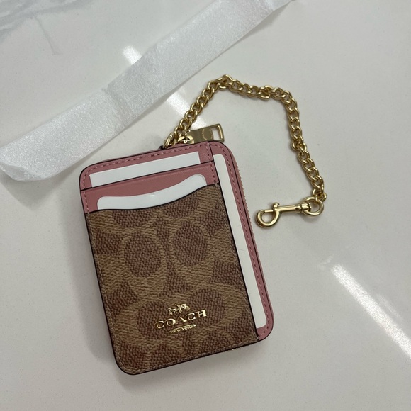 NWOT Coach zip card case CW883 in signature canvas Tan/Pink Petal - Picture 1 of 6